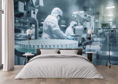 Workers in white protective clothes inspecting pharmaceutical and healthcare products in a manufacturing facility. Quality control. Life sciences industry, biotechnology. Wall mural