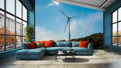 Wind power plant rotor close view. Windpower generator. Green energy, eco friendly industry concept Wall mural