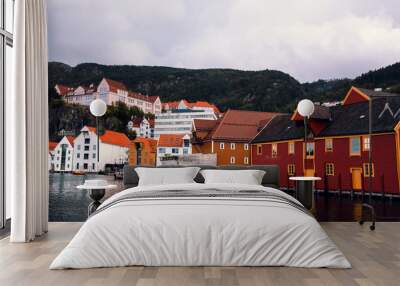 Panoramic view on the Norway city Bergen streets and buildings at cloudy weather Wall mural