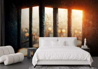 A jail cell interior with a barred up window and light rays penetrating through it casting an image of the words freedom - 3D render illustration.small window in prison.criminal law.jail cell.freedom. Wall mural