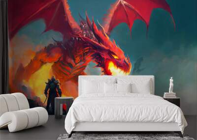 Fire Dragon with Knight army fantasy black winged dragon illustration, Fire breathes explode from a giant red dragon on a knight, the epic battle fantasy game.3d digital.	
 Wall mural