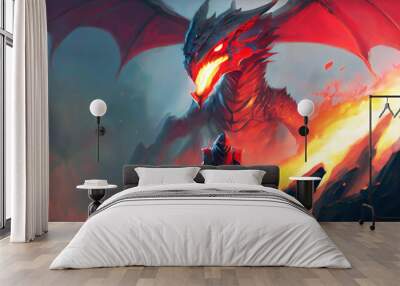 Fire Dragon with Knight army fantasy red dragon illustration, Fire breathes explode from a giant red dragon on a heroic medieval knight black night, battle fantasy game.3d digital. Wall mural