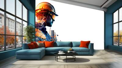 illustration digital building construction engineering with double exposure graphic design. Building engineers, architect people or construction workers working with modern civil equipment technology Wall mural