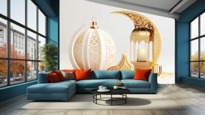 Muslim Holy Month Ramadan Kareem - Ornamental Arabic Lantern With Burning Candle with moon minimal white background. Generative Ai Wall mural