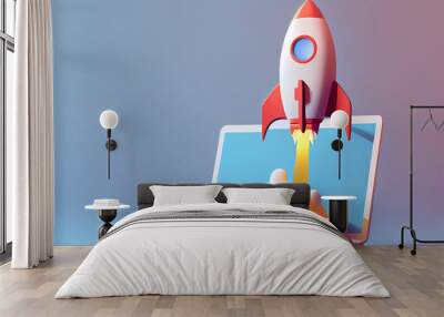 Rocket launch on laptop, flying rocket icon, business startup project concept. 3d render illustration Wall mural