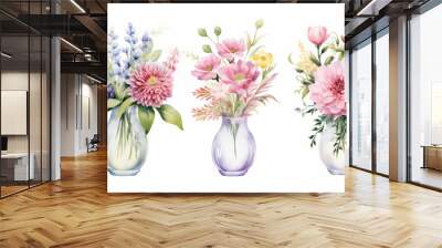 Set of 3 Cute Boho Watercolor Decorative Vase with Colorful Flowers, Spring and Summer Floral. Botanical Plant Illustration. Hand Drawn Flower Collection Clip Art. Wall mural