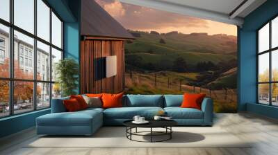 Modern battery on old cabin wall, New Zealand hills behind. The sunset lights up a modern battery on an old wooden cabin. Wall mural