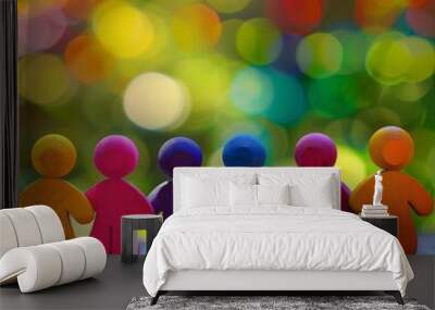 Wooden human figures in rainbow colors, standing together and holding hands. Colorful wooden people in a row, standing hand-in-hand. Wall mural