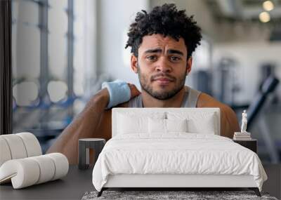 Young man grimacing in pain, holding shoulder on a minimalist gym bench. Modern gym with a young man clutching his shoulder in pain. Wall mural