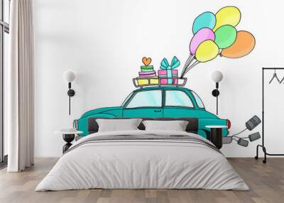 Just Married - blue car and balloons Wall mural