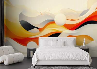 Abstract flowing composition with soft orange, yellow, and cream waves blending with bold black accents, creating dynamic movement on a light background Wall mural