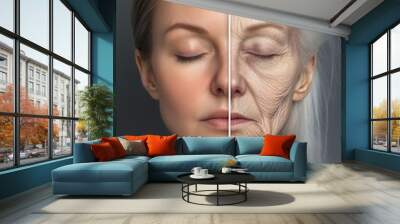 Conceptual portrait illustrating the contrast between youth and old age by splitting a Caucasian woman’s face into two halves, highlighting aging, beauty transitions, and time passage Wall mural