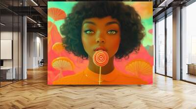 Surreal portrait of a Black woman holding a swirl lollipop in a vibrant fantasy landscape with giant mushrooms and colorful tones Wall mural