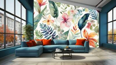 Vibrant Watercolor Tropical Flowers and Foliage - Artistic Botanical Illustration Panorama for Fresh and Lively Decor Wall mural