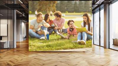 A group of students studying books sitting in a city park. Wall mural