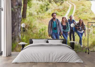 A group of travelers with backpacks is walking in nature Wall mural