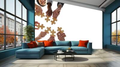 Blank creative text copyspace background with diverse team of business people putting pieces of jigsaw puzzle together, low angle, shot from below, bottom view. Teamwork and cooperation concept Wall mural