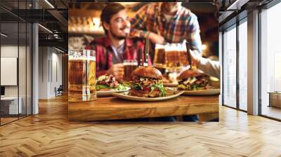 Burger with beer on the table in a bar pub. Wall mural