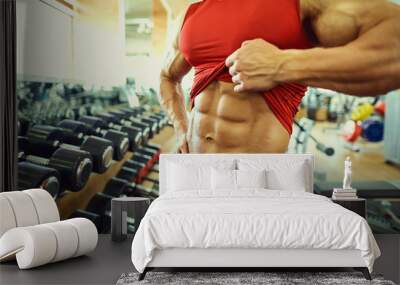 Close-up of muscle on  belly of a bodybuilder in the gym. Wall mural