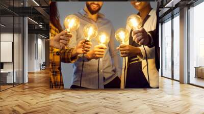 Conceptual banner: happy young multiethnic people holding shining electric light bulbs. Team of coworkers join Edison lightbulbs as metaphor for teamwork and using creative ideas in business community Wall mural