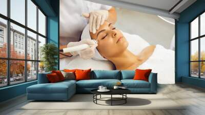 Cosmetologist making vacuum facial skin cleaning for young woman in beauty salon Wall mural