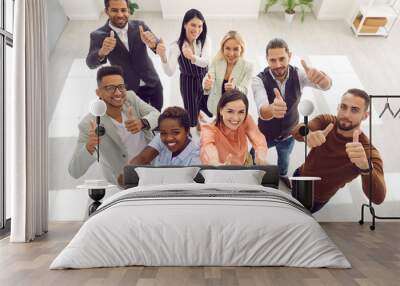 Diverse team of happy motivated young mixed race business people standing in office, looking up, smiling and giving thumbs up all together. High angle, from above, top view. Teamwork, success concept Wall mural