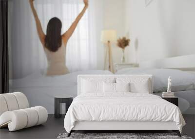 good morning. wake up. rise and shine. it's time to start new working day. white alarm clock that te Wall mural