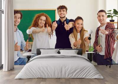 Group of cheerful positive students together showing thumbs up recommending their university to you. Young girls and boys standing in row with thumbs up and smiling at camera. Panoramic web banner. Wall mural