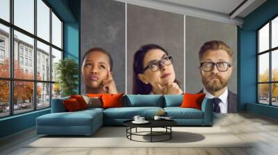 Group of diverse multi cultural black and Caucasian people thinking. Confused doubting multiracial males and females rethinking alternative decision. Studio headshot pictures collage horizontal banner Wall mural