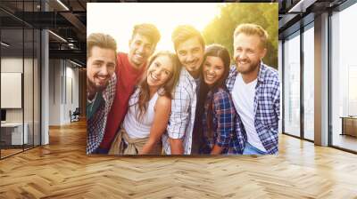 Group of friends cuddling while standing at a nature party. Young people have fun on a picnic. Wall mural