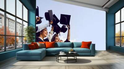 Group of happy multiethnic high school, college or university students having fun on graduation day and raising their graduate hats up to clear blue sky. Copy space banner background Wall mural