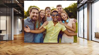 Group of young diverse people enjoy free time in summer, meet up in the park and have fun all together. Bunch of six happy excited multi ethnic friends looking at the camera, smiling and laughing Wall mural