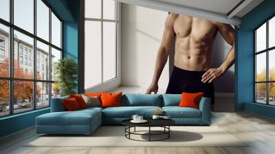 Handsome fit young man posing in underwear. Cropped studio shot of male model with athletic body wearing comfortable black cotton underpants standing in bright daylight near window. Fashion concept Wall mural