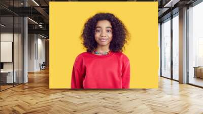 Happy child in casual clothes. Positive little kid isolated on solid bright yellow color background. Studio head shot of pretty African American girl in red sweatshirt looking at camera and smiling Wall mural