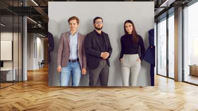 Happy smiling professional young business people, attractive men and women lined up along the wall, confidently looking at the camera. Panoramic shot on isolated gray background. Wall mural