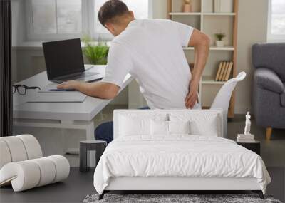 Man experiences severe back pain caused by prolonged and incorrect sitting at workplace. Young man sitting with his back to camera holds his lower back, feeling exhausted from sedentary lifestyle. Wall mural