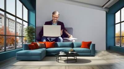 Mature businessman using laptop computer. Happy man in glasses sitting on sofa near grey copy space wall, working on modern notebook PC, studying new information, writing it down and smiling Wall mural