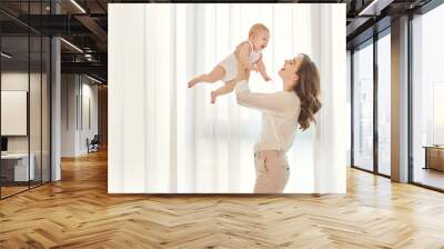 Mother with a baby in her arms plays against the window.  Wall mural