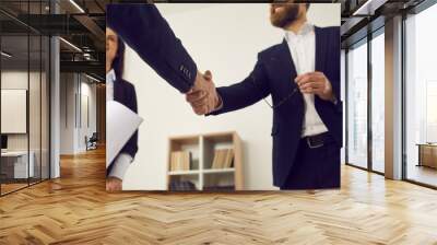 Smiling male lawyer welcoming client. Two happy people in suits meeting in office, making new deal and exchanging handshake. Crop, close up. Professional legal consulting, business partnership concept Wall mural