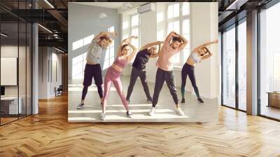 Sporty young people having a fitness workout class at the gym. Group of fit men and women wearing modern sportswear doing physical exercise with a professional sports instructor Wall mural