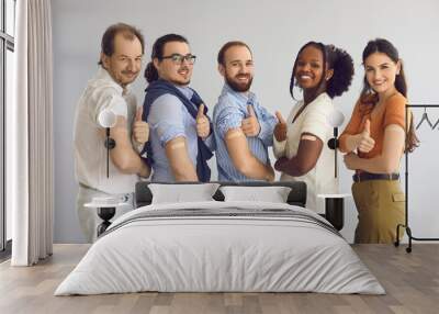 Studio group portrait of happy healthy responsible multiethnic male and female citizens giving thumbs-up after receiving vaccine. Diverse people promoting vaccination during World Immunization Week Wall mural