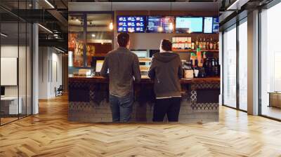 Two men choose food in a fast food restaurant. Wall mural