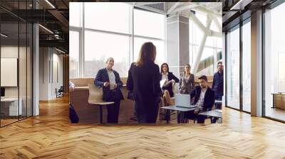 Various businessmen listen to female business leader during corporate meeting or training lecture. Rear view of woman in business attire speaking to people in modern business center. Panoramic view. Wall mural