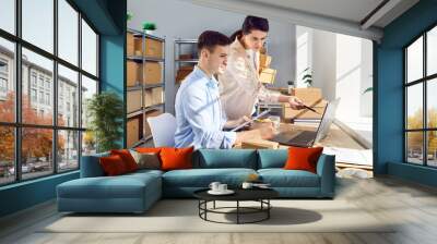 Young colleagues working at workplace in storeroom checking stock and inventory on a laptop. Company employees preparing order in storeroom in retail warehouse full of cardboard boxes. Wall mural