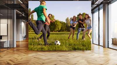 Young friends playing football game on green meadow. Students having fun on summer weekend in nature Wall mural