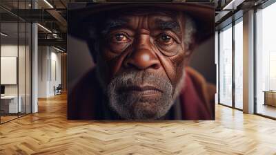 Portrait of old black man with wrinkles and beard wearing a hat looking straight into the camera, illustration generative AI Wall mural