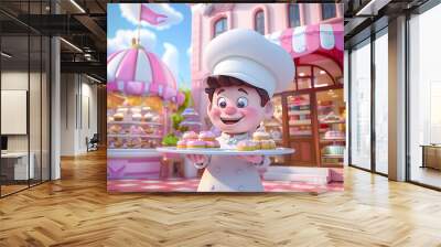 3D stylized baker character outside a patisserie, holding a pastry tray that serves as a mockup for sweet treat ads Wall mural