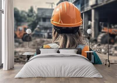 A young female worker wearing a protective helmet and safety gear on a construction site. Generative AI Wall mural