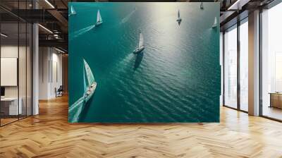 Beautiful sailboats sailing in a team on a sea of turquoise clarity was captured by an aerial drone. AI generative. Wall mural