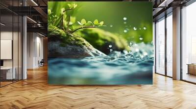 Beautiful spring detailed close up stream of fresh water with young green plants. Horizontal banner, springtime concept. Abstract outdoor wild nature background. Generative AI technology Wall mural